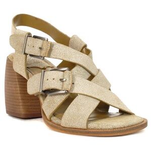 Vince Camuto Penina new tortilla leather stone tan cream block sandal heels sz 7